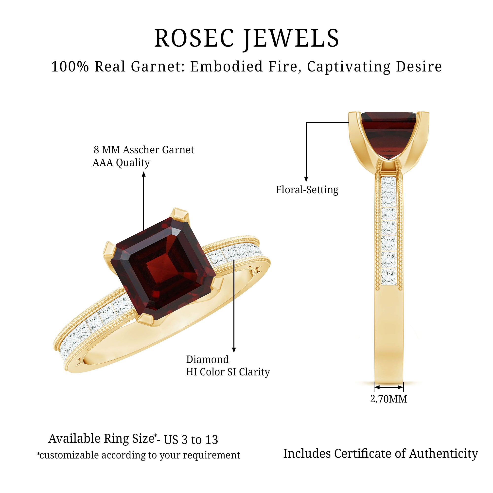 Rosec Jewels-Natural 8mm Asscher Cut Garnet Engagement Ring with Diamond Side Stones