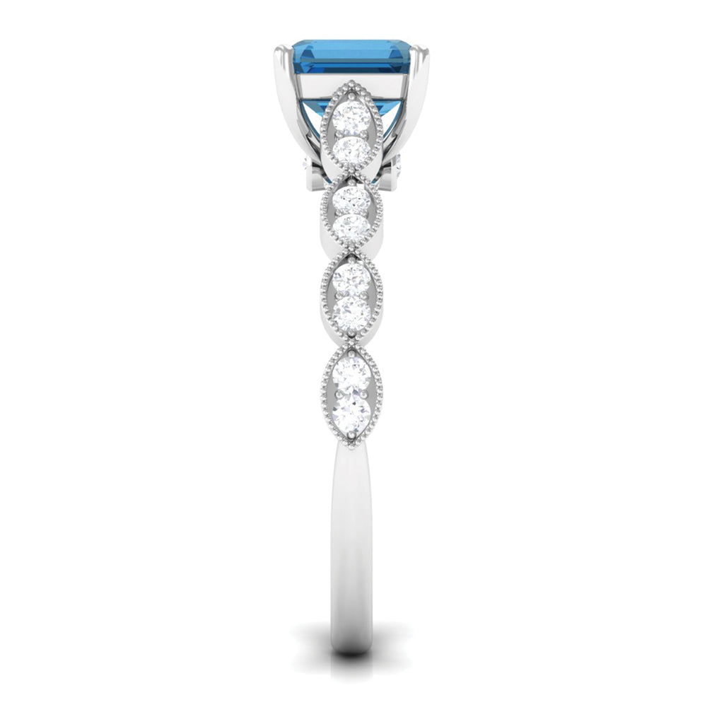 Asscher Cut London Blue Topaz Solitaire Ring with Diamond Side Stones London Blue Topaz - ( AAA ) - Quality - Rosec Jewels