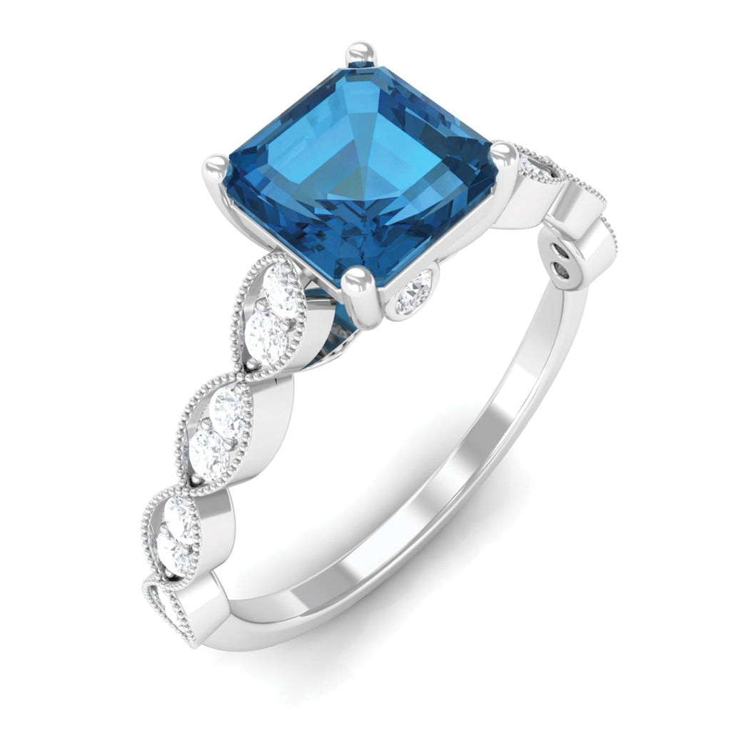 Asscher Cut London Blue Topaz Solitaire Ring with Diamond Side Stones London Blue Topaz - ( AAA ) - Quality - Rosec Jewels