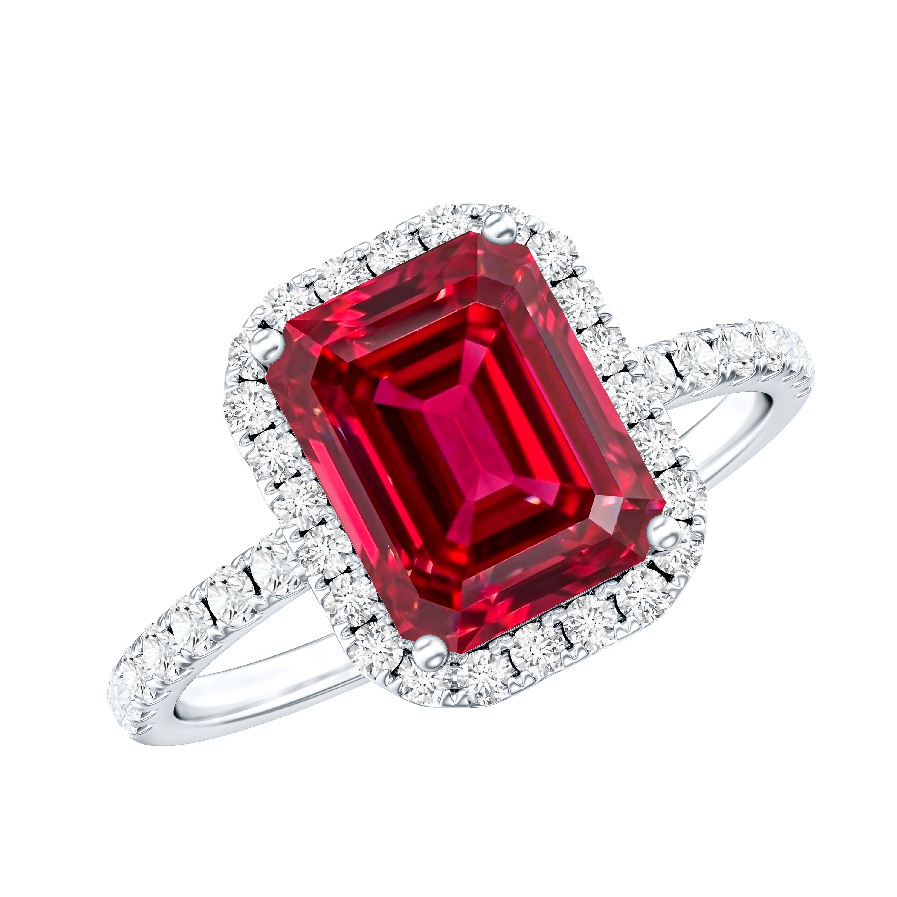 Lab Created Emerald Cut Ruby Engagement Ring with Diamond Halo AAAA - Rosec Jewels