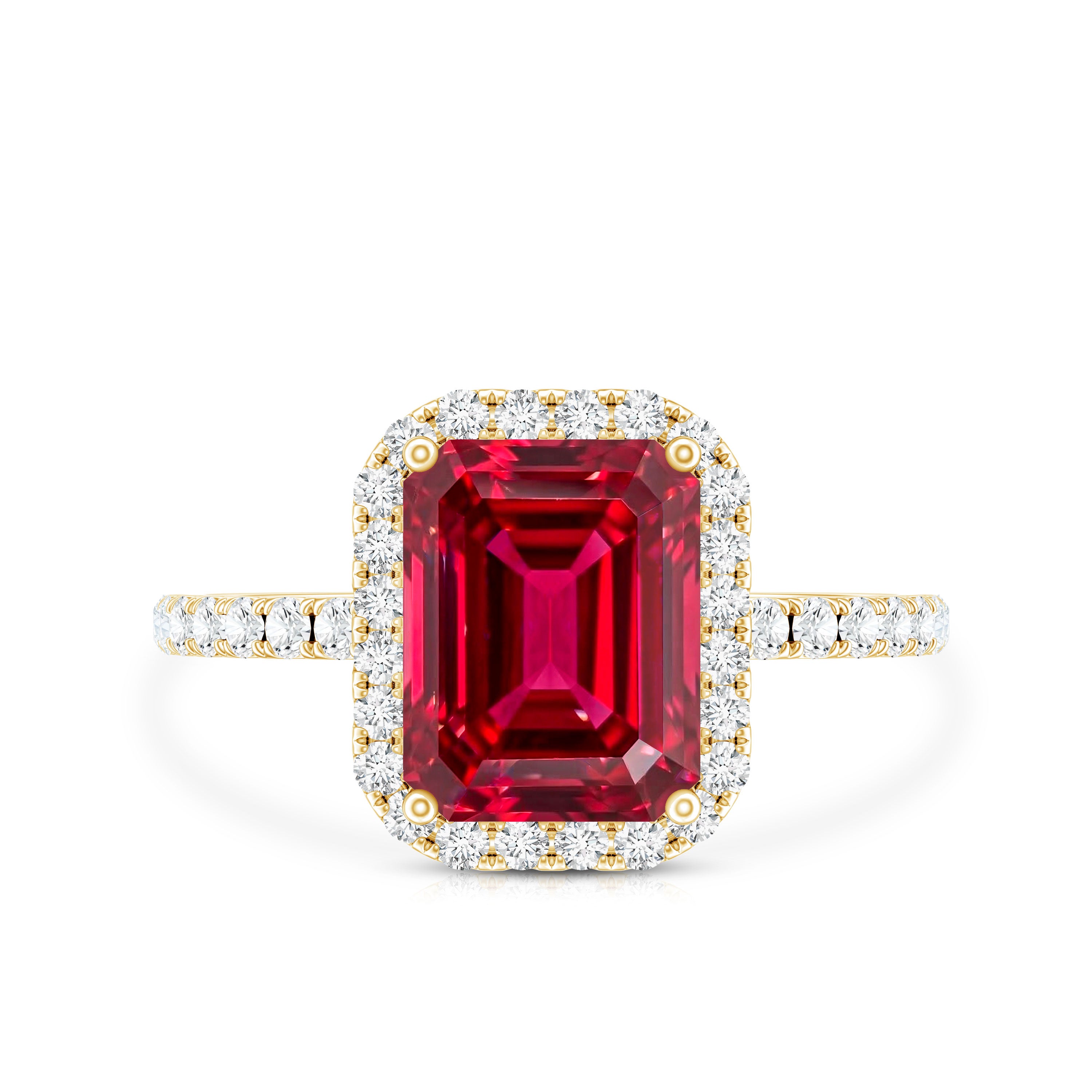 Lab Created Emerald Cut Ruby Engagement Ring with Diamond Halo AAAA - Rosec Jewels
