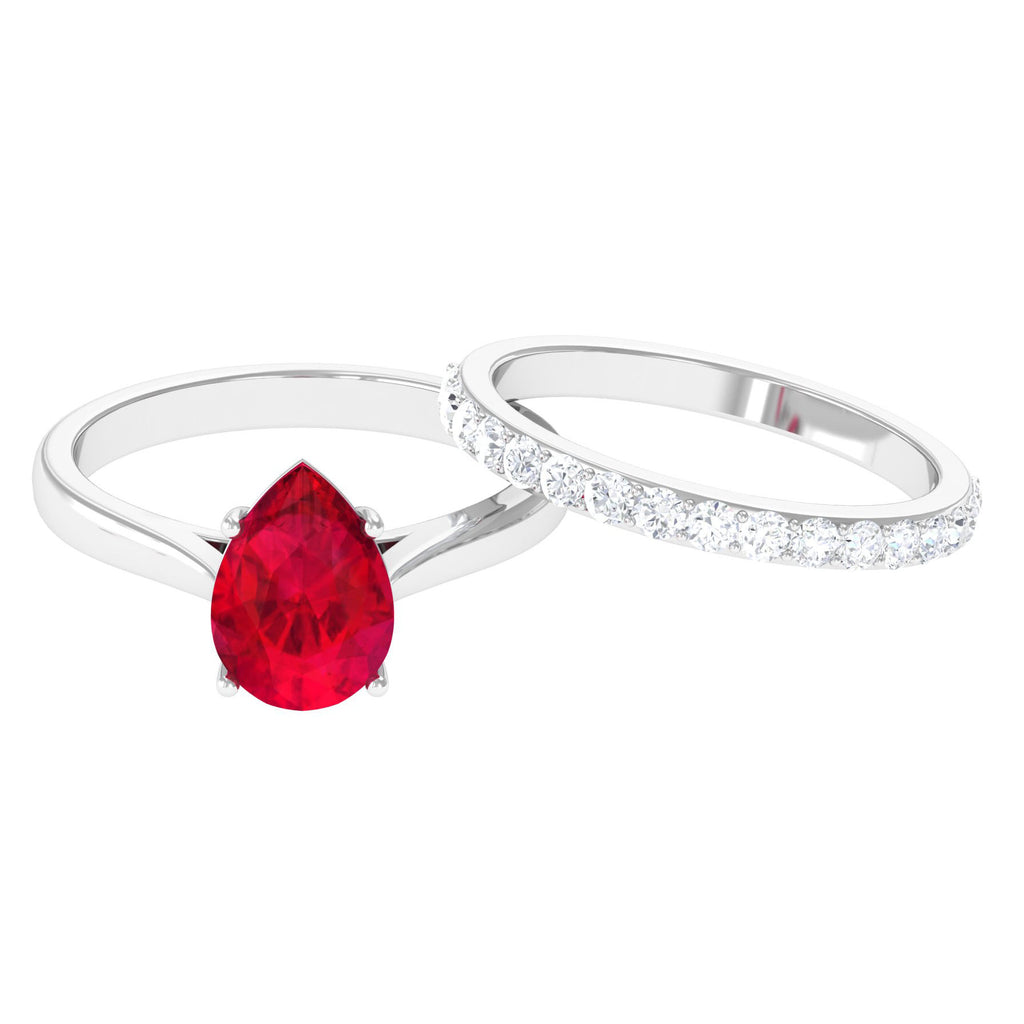 Pear Shape Created Ruby Solitaire Wedding Ring Set with Moissanite - Rosec Jewels