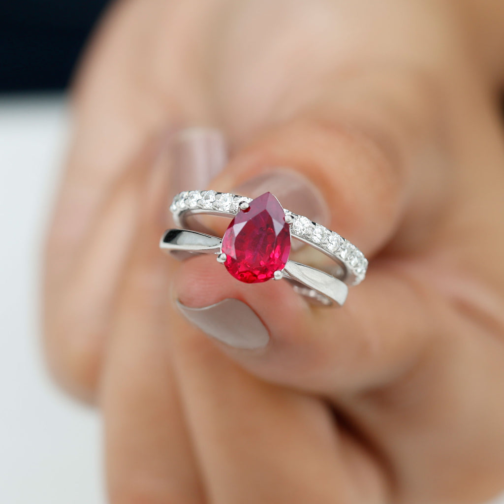 Pear Shape Created Ruby Solitaire Wedding Ring Set with Moissanite Lab Created Ruby - ( AAAA ) - Quality - Rosec Jewels