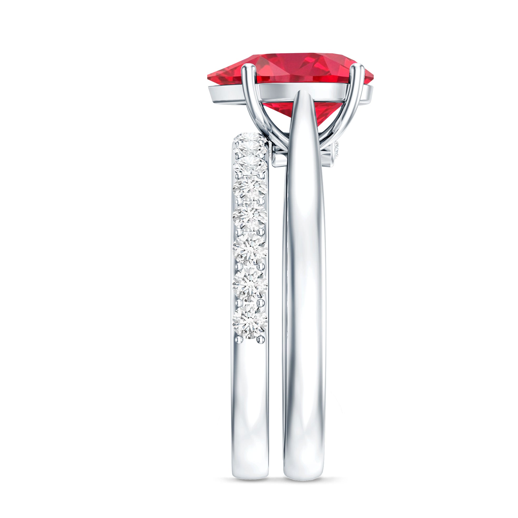 Rosec Jewels-Pear Shape Created Ruby Solitaire Wedding Ring Set with Moissanite