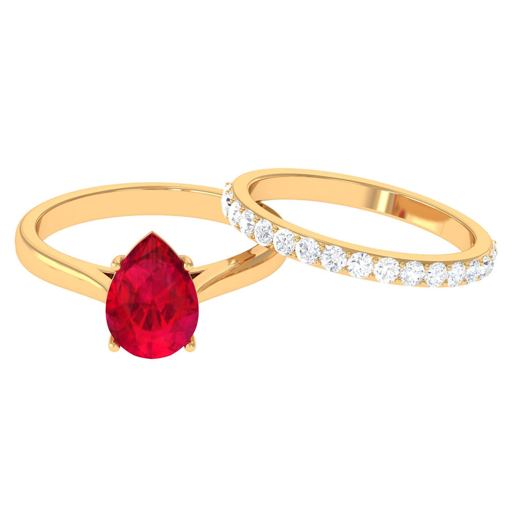 Pear Shape Created Ruby Solitaire Wedding Ring Set with Moissanite Lab Created Ruby - ( AAAA ) - Quality - Rosec Jewels