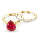 Rosec Jewels-Pear Shape Created Ruby Solitaire Wedding Ring Set with Moissanite