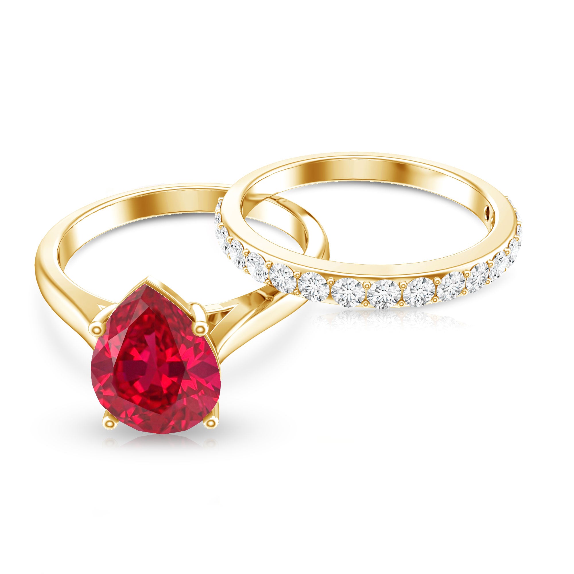 Rosec Jewels-Pear Shape Created Ruby Solitaire Wedding Ring Set with Moissanite