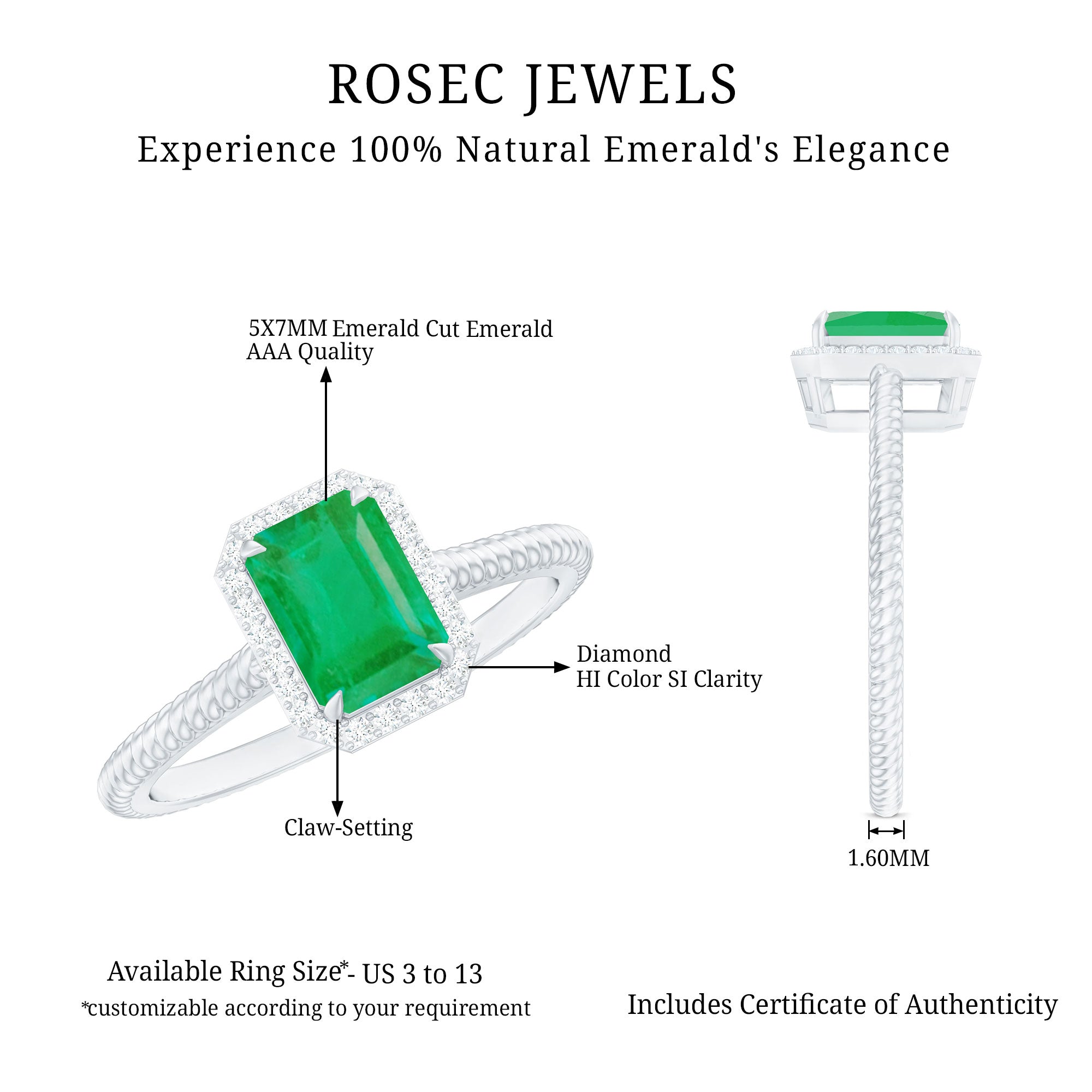Rosec Jewels-Natural 1.2 Carat Emerald Engagement Ring with Diamond Halo