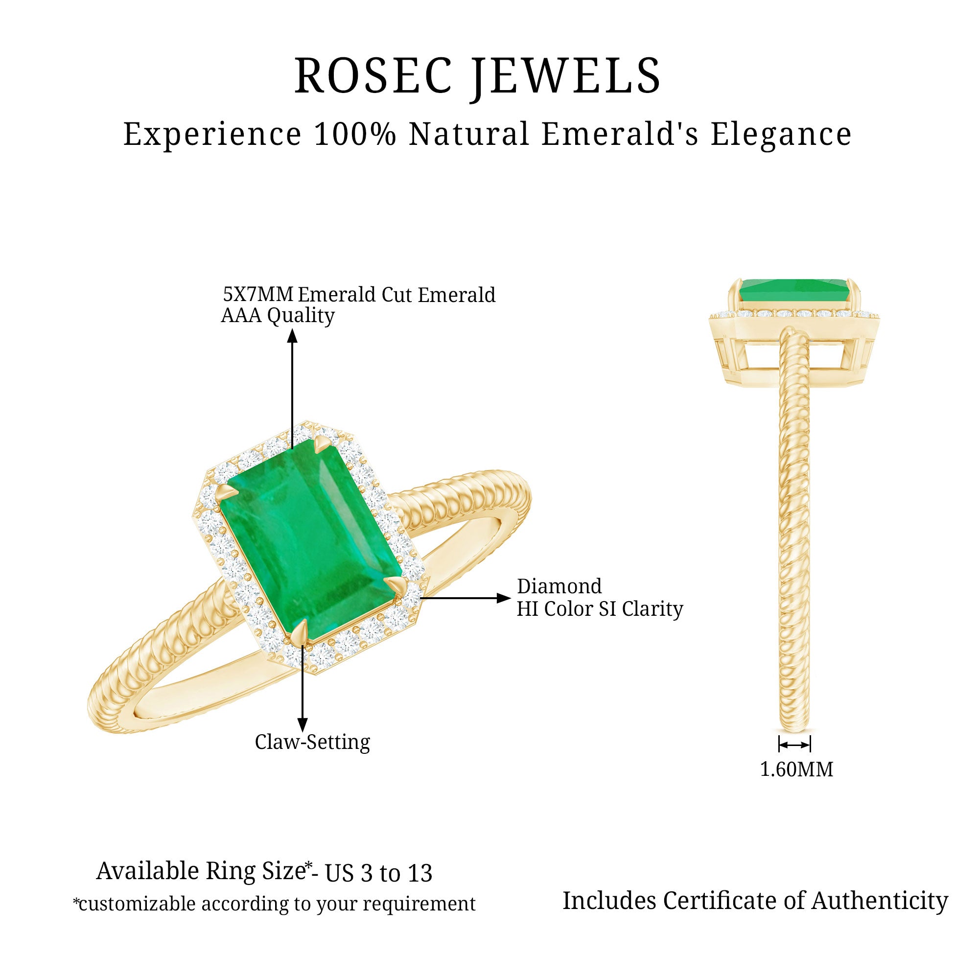 Rosec Jewels-Natural 1.2 Carat Emerald Engagement Ring with Diamond Halo