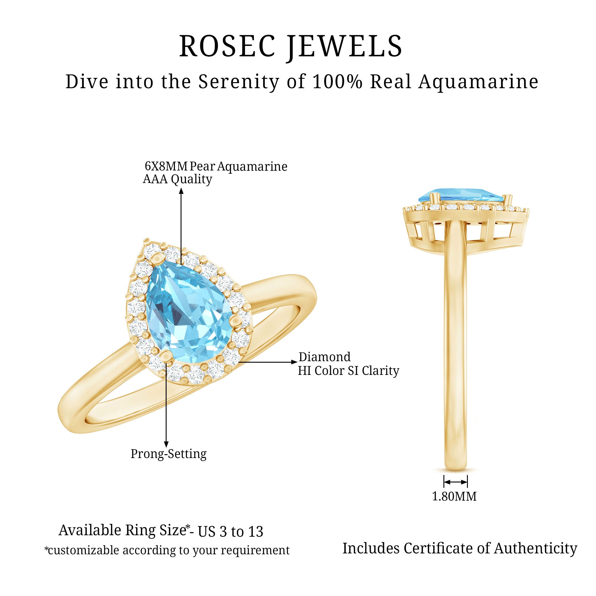 1 Carat Pear Cut Aquamarine Engagement Ring with Diamond Halo AAA - Rosec Jewels