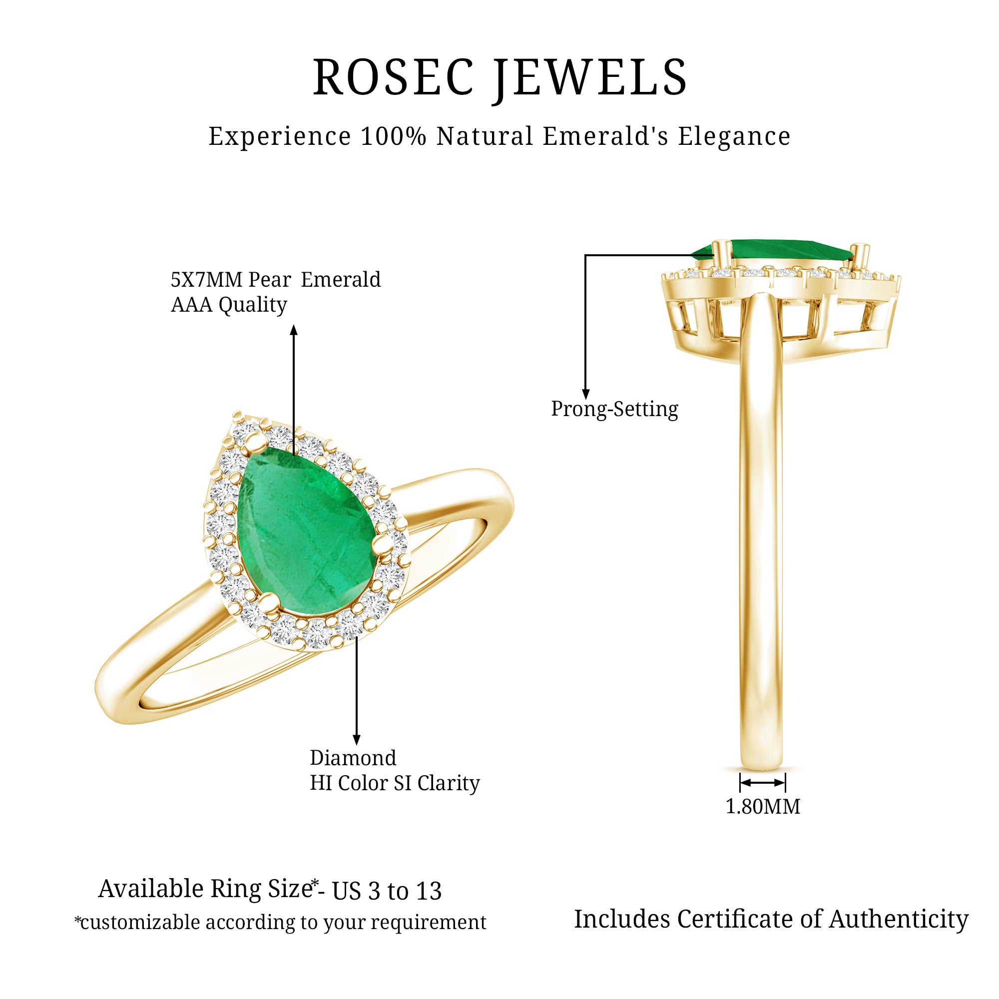 Rosec Jewels-Real Emerald Teardrop Engagement Ring with Diamond Halo