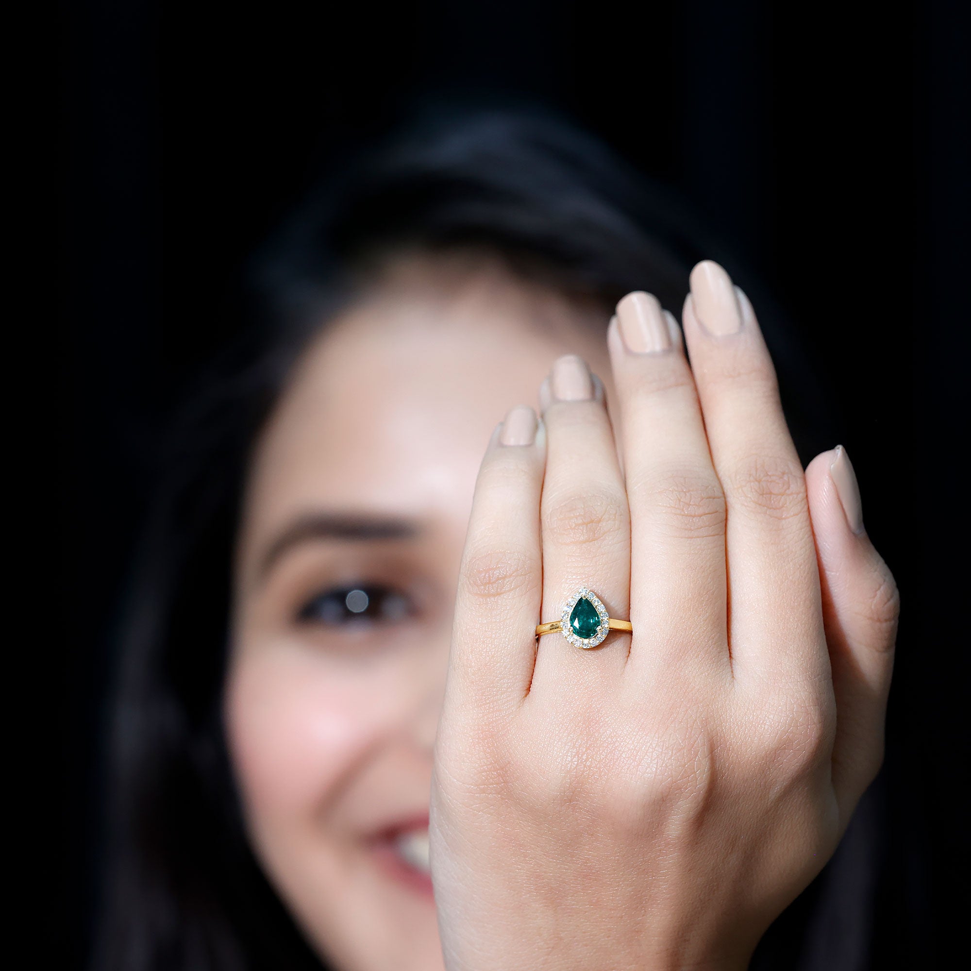Rosec Jewels-Real Emerald Teardrop Engagement Ring with Diamond Halo