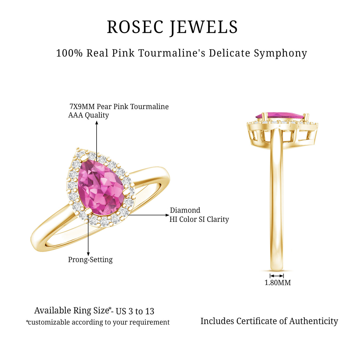 1.6 Carat Pear Shape Pink Tourmaline Ring with Diamond Halo AAA - Rosec Jewels