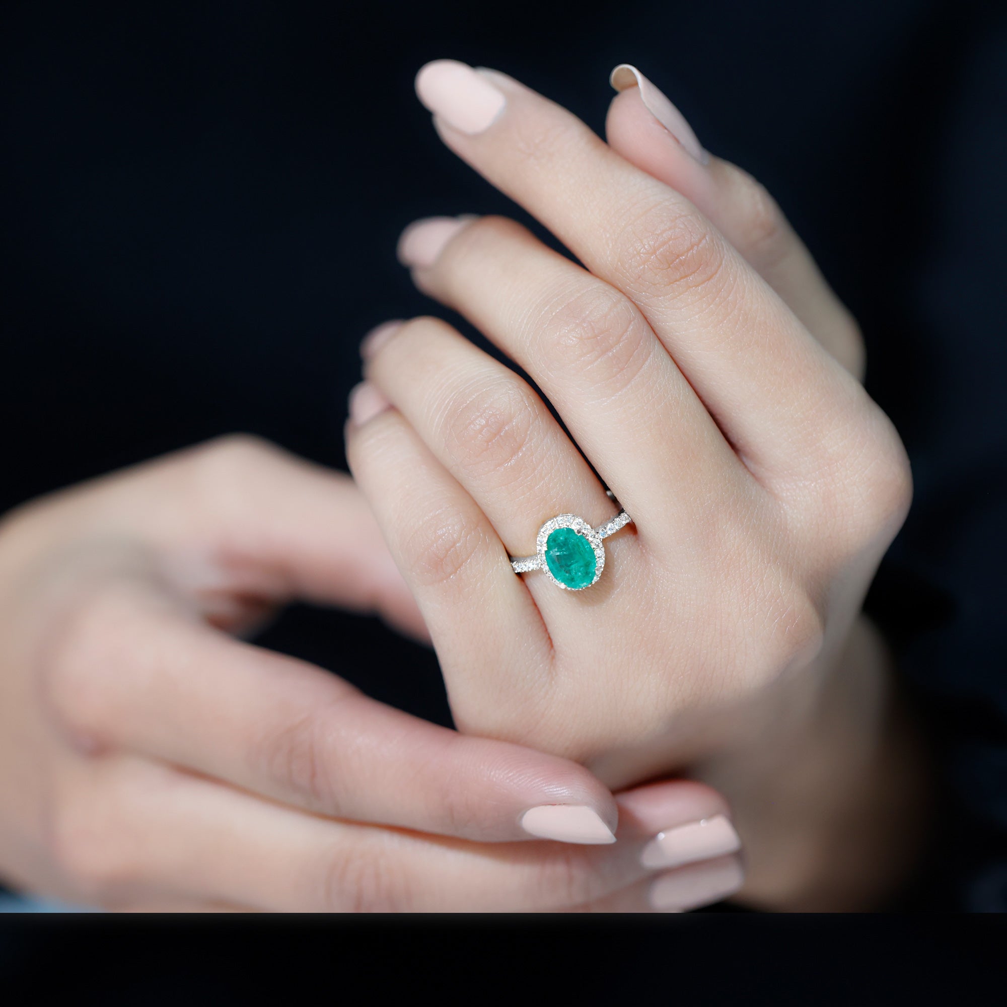 Rosec Jewels-Genuine 6X8MM Oval Emerald Engagement Ring with Diamond Halo