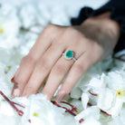 Rosec Jewels-Genuine 6X8MM Oval Emerald Engagement Ring with Diamond Halo