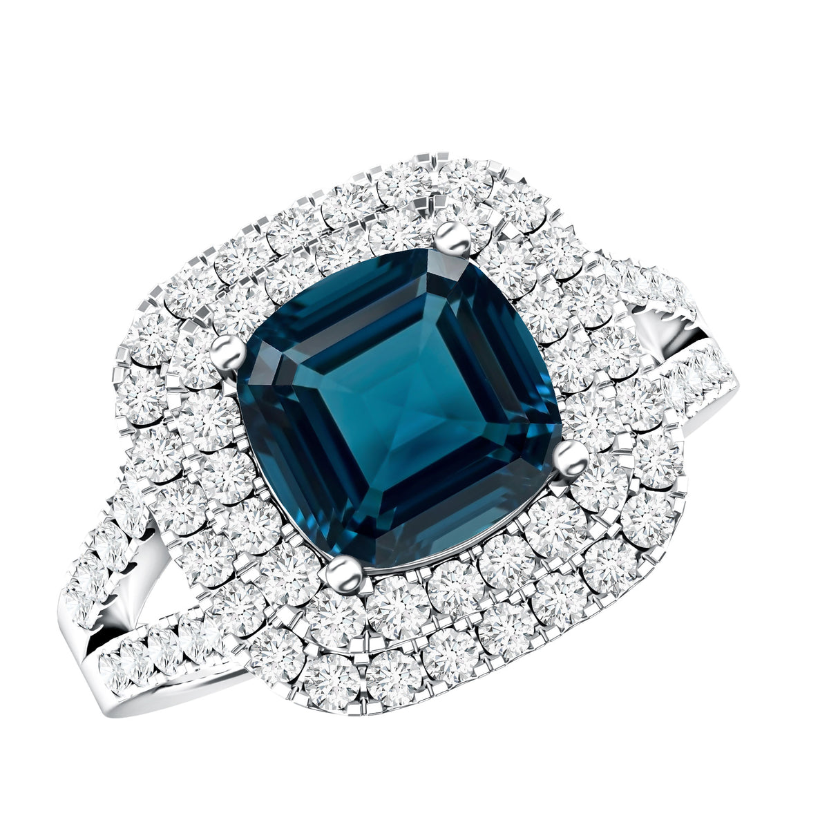 Real 8mm Cushion Cut London Blue Topaz Double Halo Engagement Ring with Moissanite AAA - Rosec Jewels