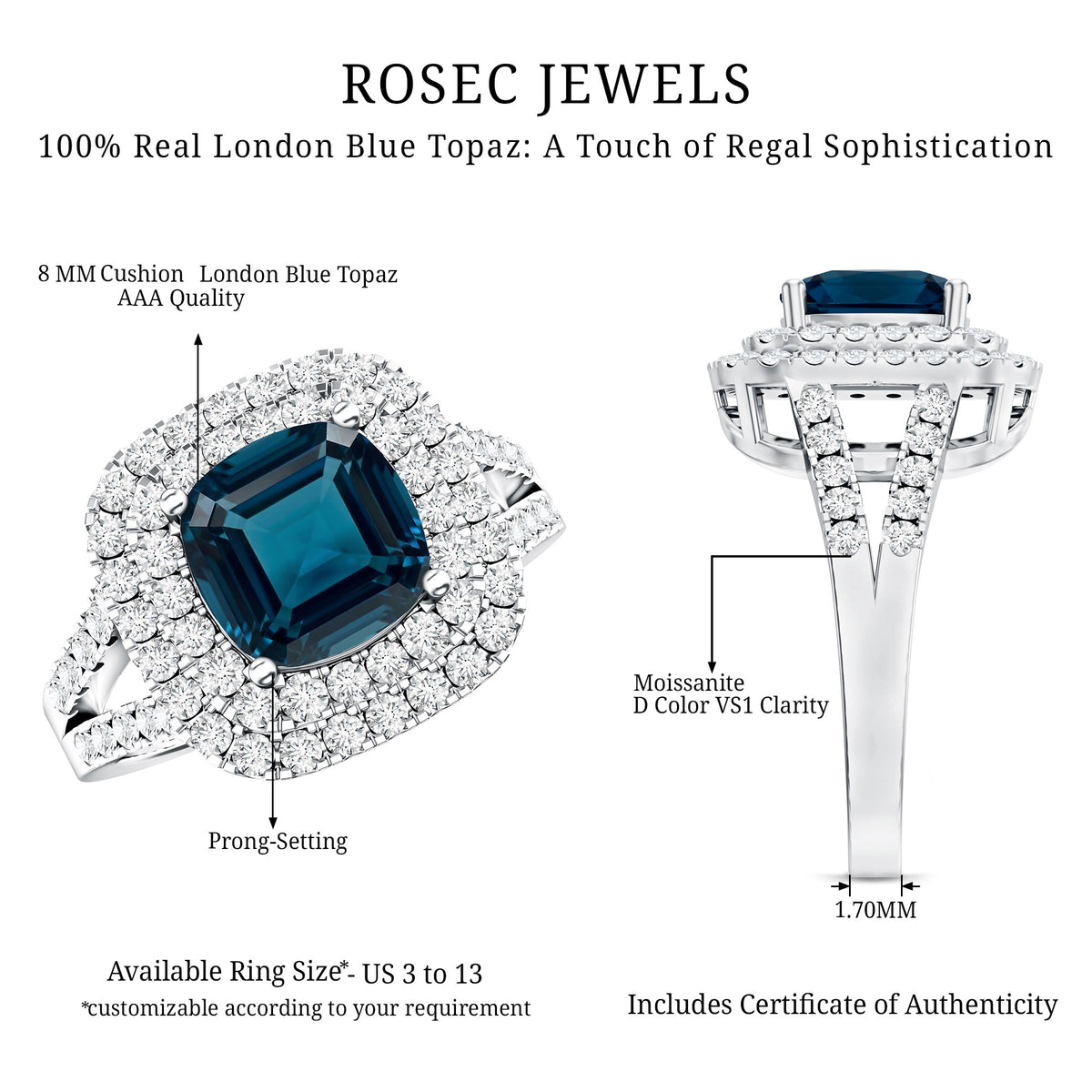 Real 8mm Cushion Cut London Blue Topaz Double Halo Engagement Ring with Moissanite AAA - Rosec Jewels