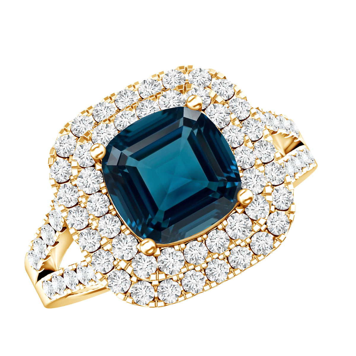 Real 8mm Cushion Cut London Blue Topaz Double Halo Engagement Ring with Moissanite AAA - Rosec Jewels