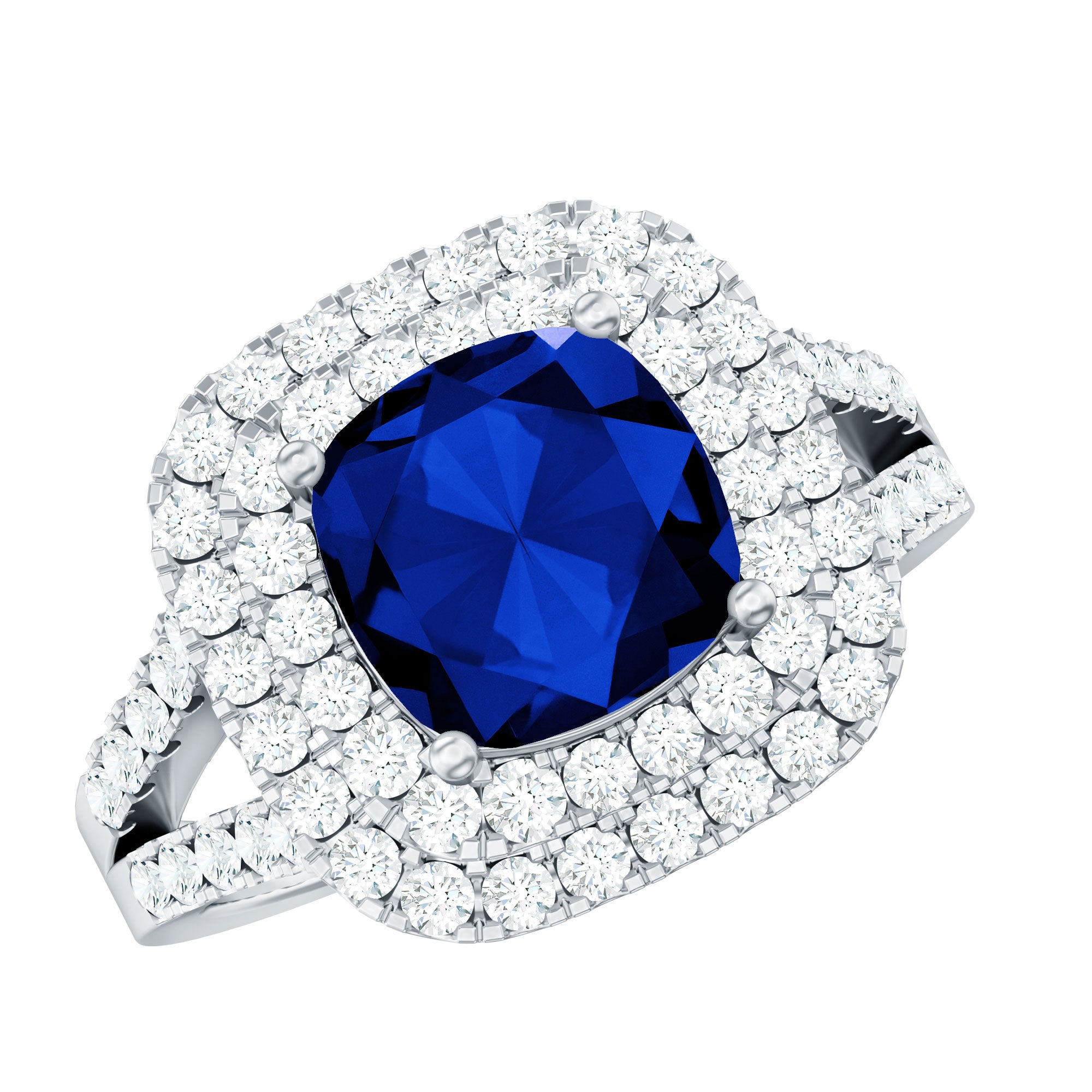 Cushion Cut Created Blue Sapphire Double Halo Engagement Ring with Moissanite