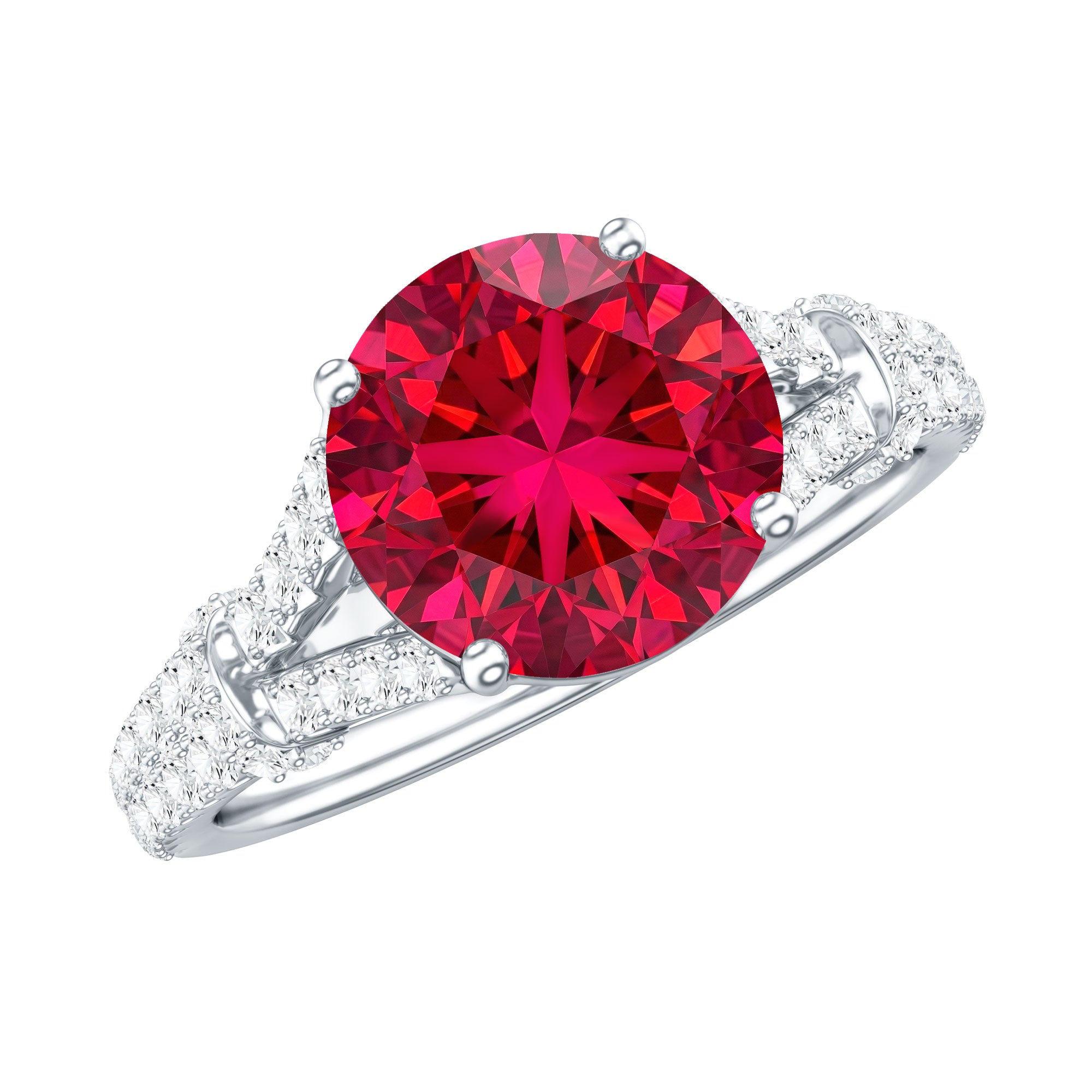 Lab Created Ruby and Diamond Split Shank Engagement Ring AAAA - Rosec Jewels