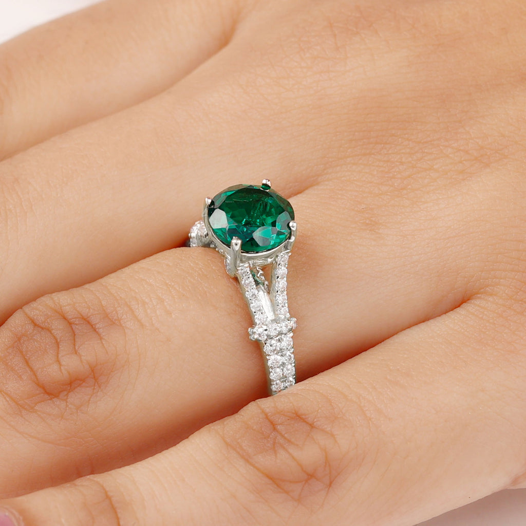 Created Emerald Solitaire Engagement Ring with Diamond in Split Shank Lab Created Emerald - ( AAAA ) - Quality - Rosec Jewels