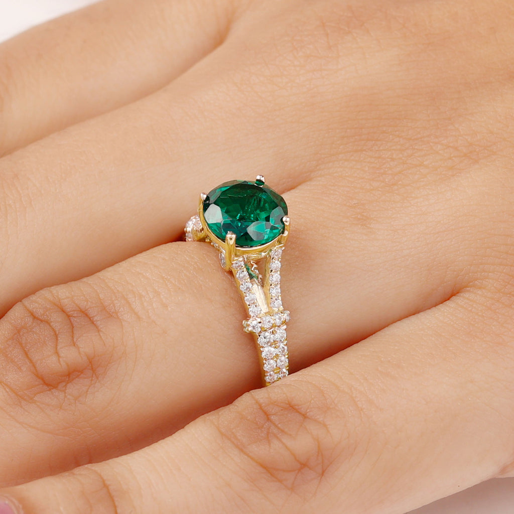 Created Emerald Solitaire Engagement Ring with Diamond in Split Shank Lab Created Emerald - ( AAAA ) - Quality - Rosec Jewels
