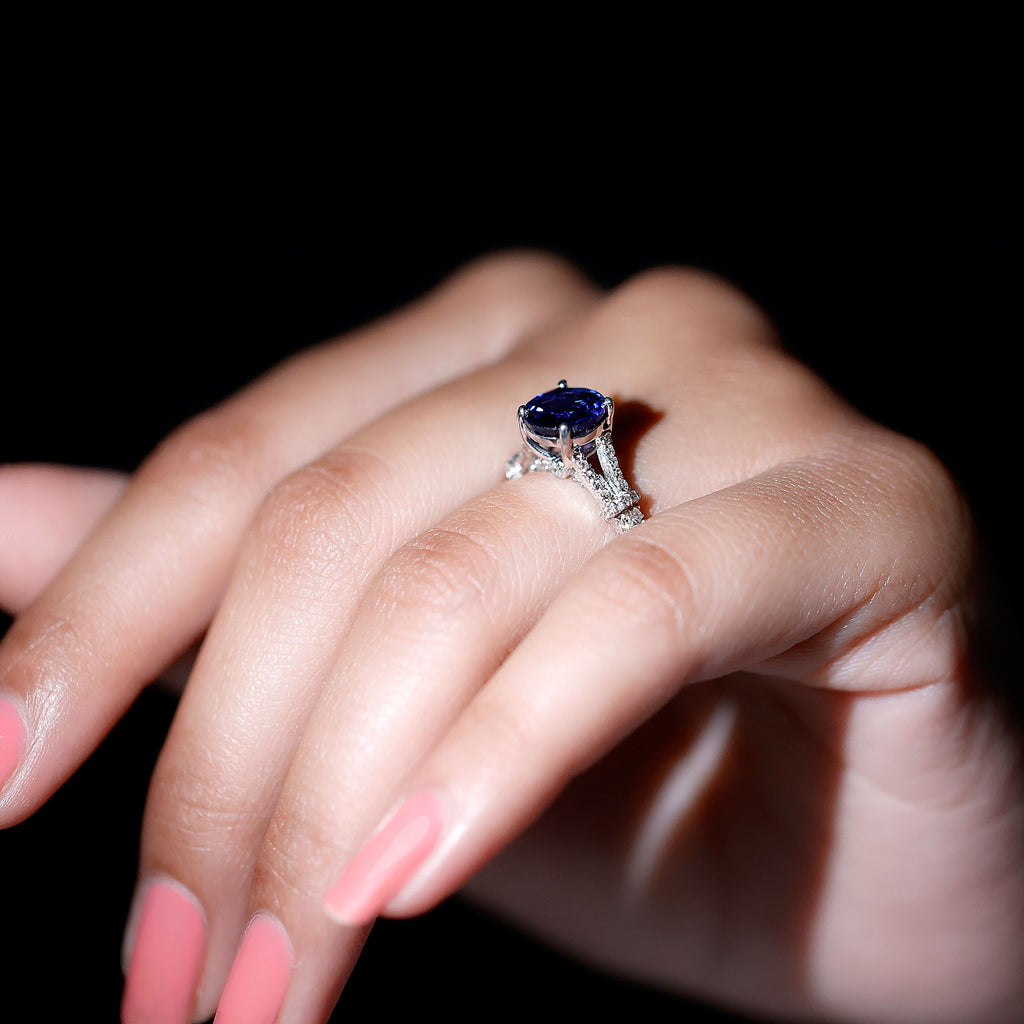 Split Shank Created Blue Sapphire Solitaire Ring with Diamond Lab Created Blue Sapphire - ( AAAA ) - Quality - Rosec Jewels