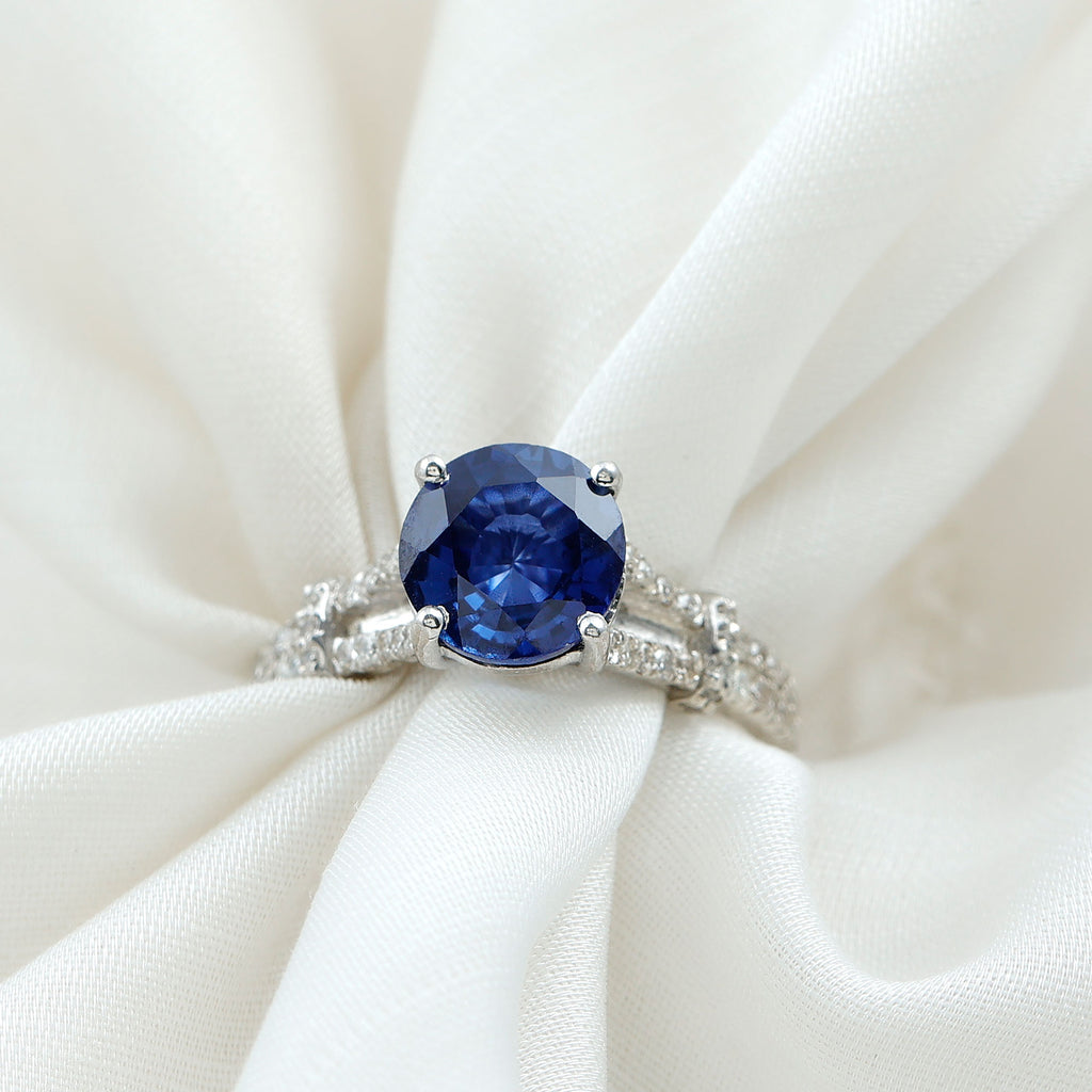 Split Shank Created Blue Sapphire Solitaire Ring with Diamond Lab Created Blue Sapphire - ( AAAA ) - Quality - Rosec Jewels