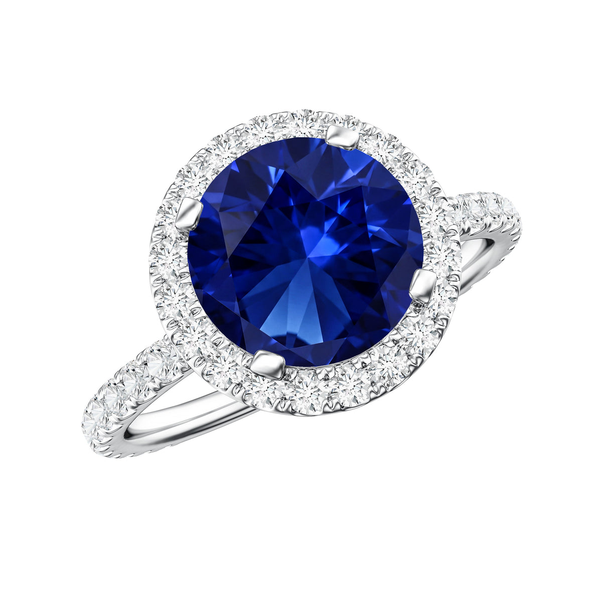 2.7 Carat Round Lab Created Blue Sapphire Classic Engagement Ring with Diamond Halo AAAA - Rosec Jewels