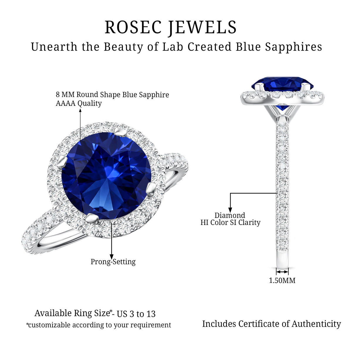 2.7 Carat Round Lab Created Blue Sapphire Classic Engagement Ring with Diamond Halo AAAA - Rosec Jewels