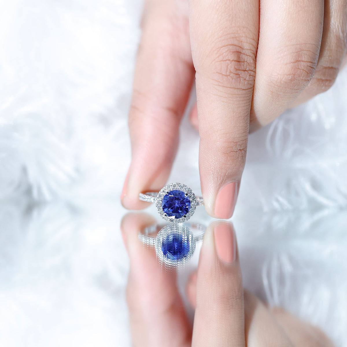 2.7 Carat Round Lab Created Blue Sapphire Classic Engagement Ring with Diamond Halo AAAA - Rosec Jewels