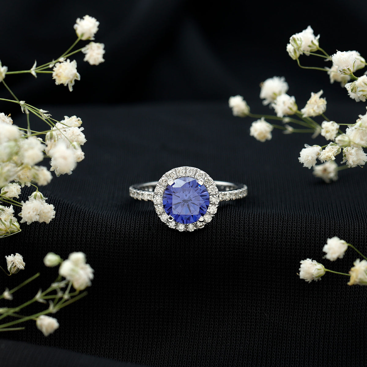 2.7 Carat Round Lab Created Blue Sapphire Classic Engagement Ring with Diamond Halo AAAA - Rosec Jewels