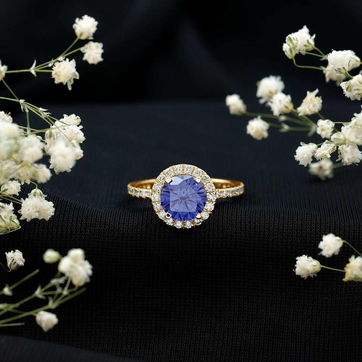 2.7 Carat Round Lab Created Blue Sapphire Classic Engagement Ring with Diamond Halo AAAA - Rosec Jewels