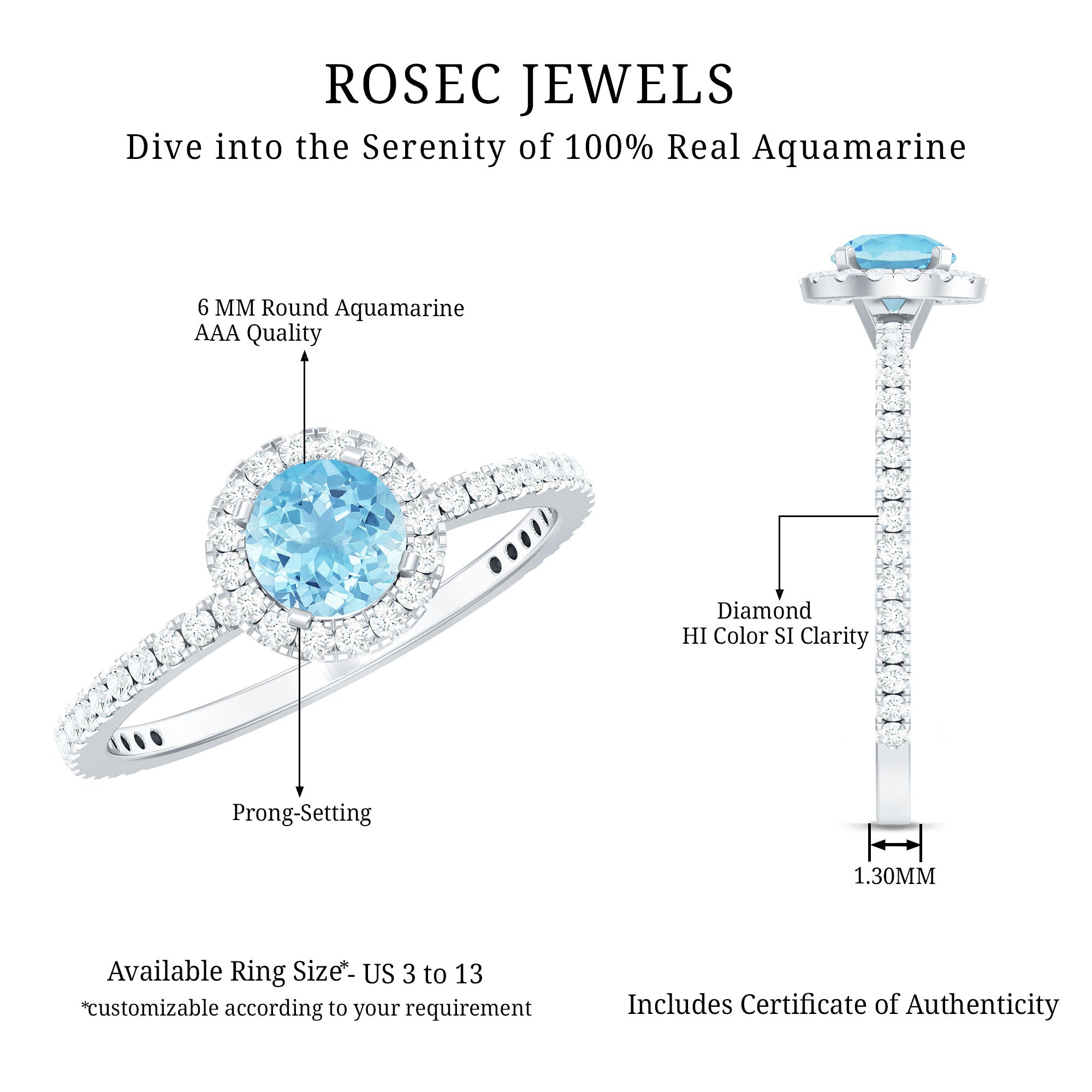 Rosec Jewels-Genuine Blue Aquamarine Ring with Diamond Accent