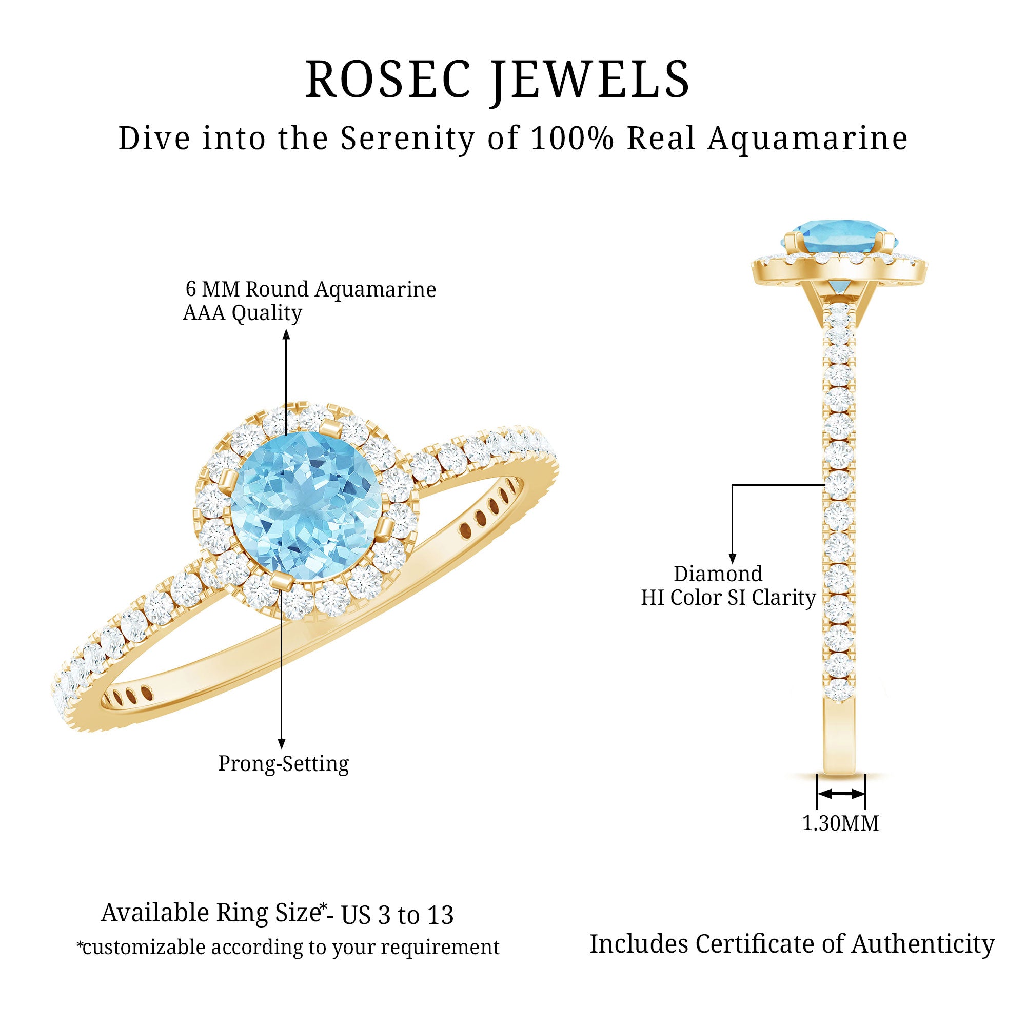 Rosec Jewels-Genuine Blue Aquamarine Ring with Diamond Accent
