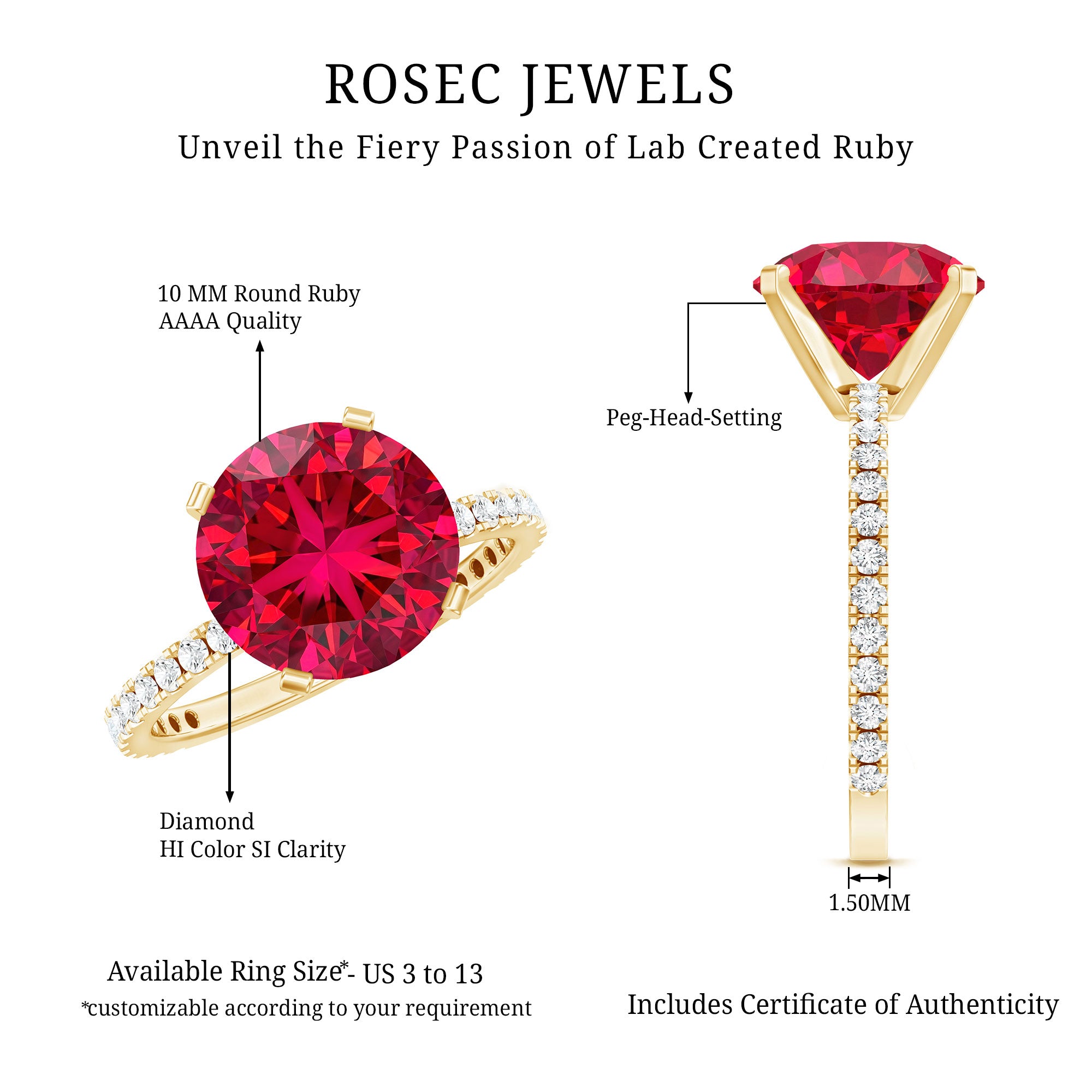 10 MM Lab Created Ruby Solitaire Engagement Ring With Real Diamonds AAAA - Rosec Jewels