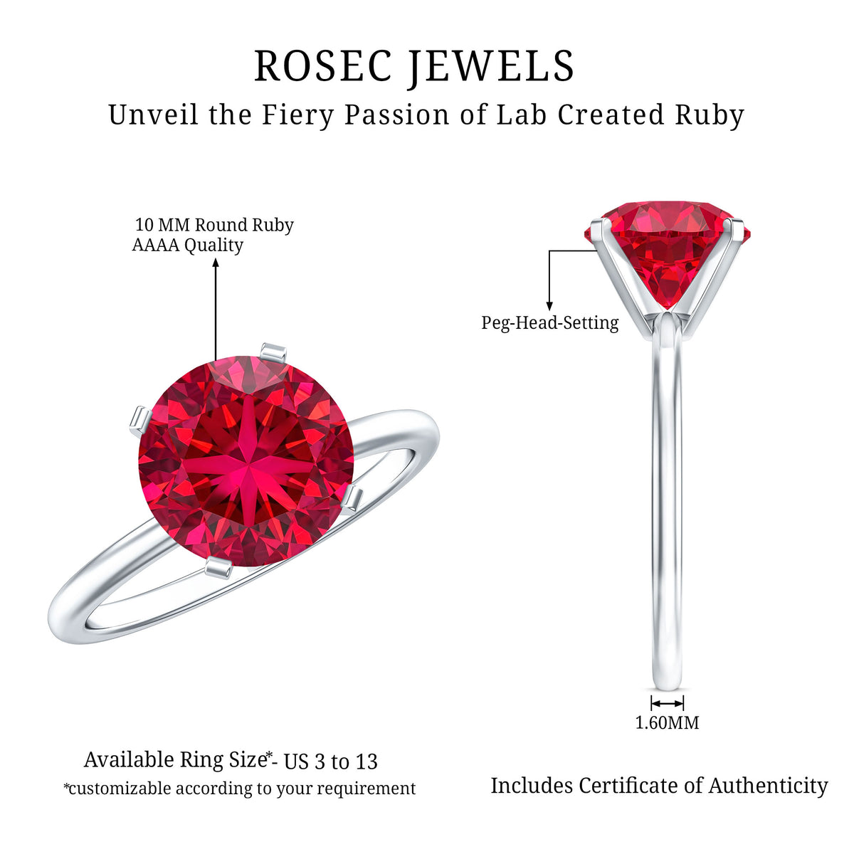 Solitaire Lab Grown 5 Carat Ruby Engagement Ring with Certificate AAAA - Rosec Jewels