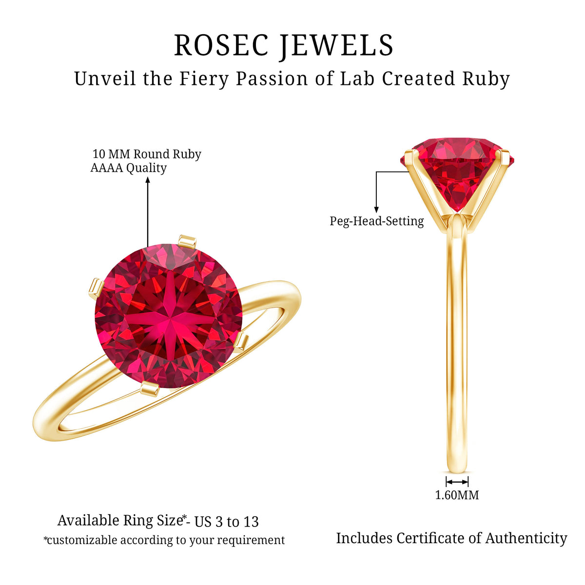 Solitaire Lab Grown 5 Carat Ruby Engagement Ring with Certificate AAAA - Rosec Jewels