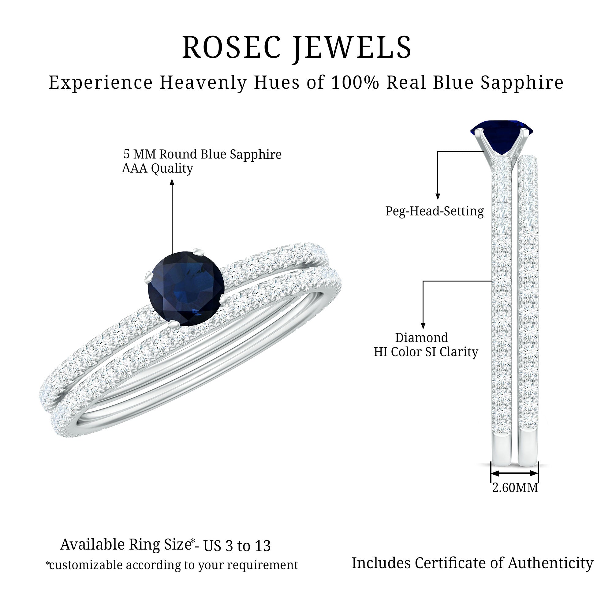Rosec Jewels-Natural Half Carat Blue Sapphire and Diamond Engagement Ring Set