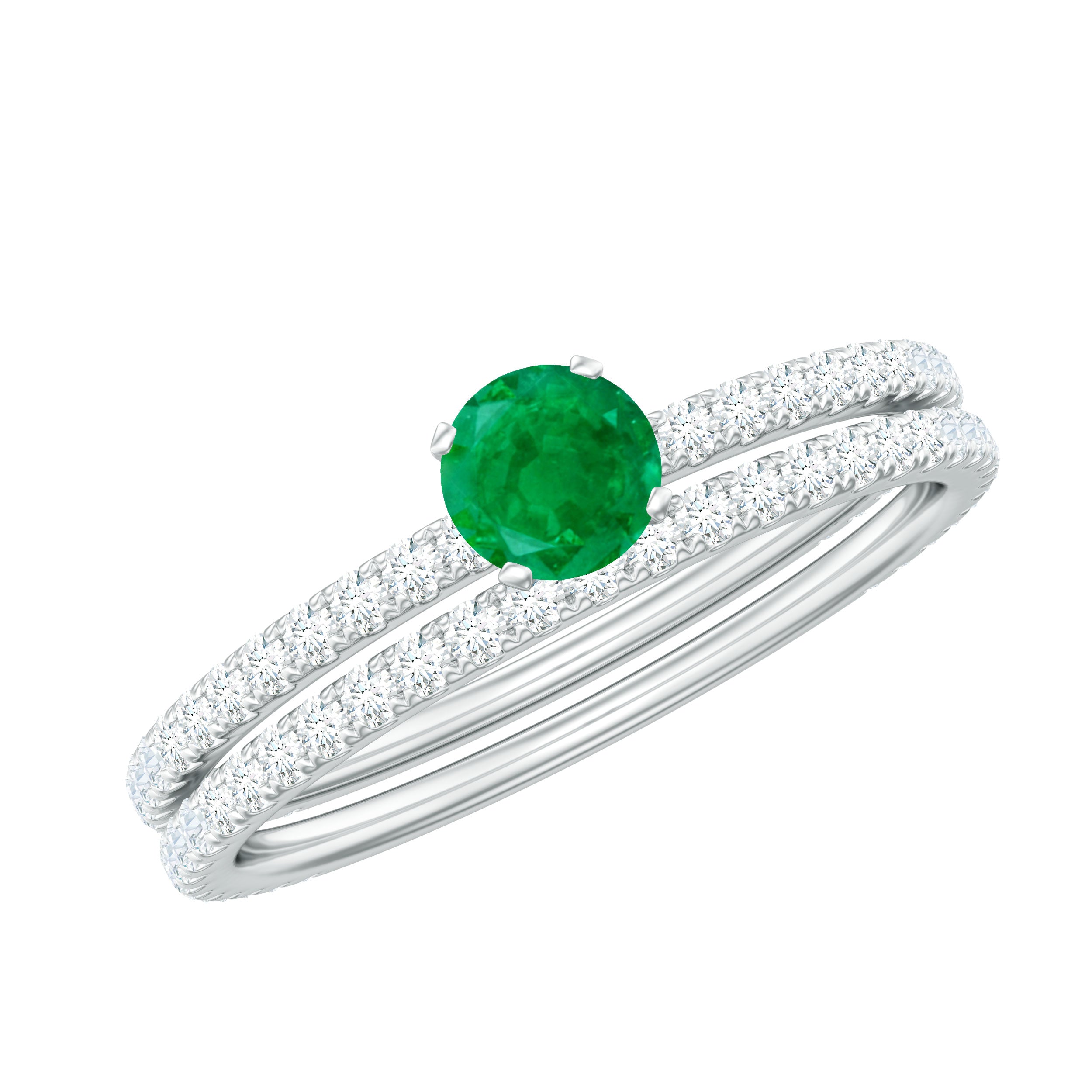 Minimal Emerald Diamond Wedding Engagement Ring Set of 2