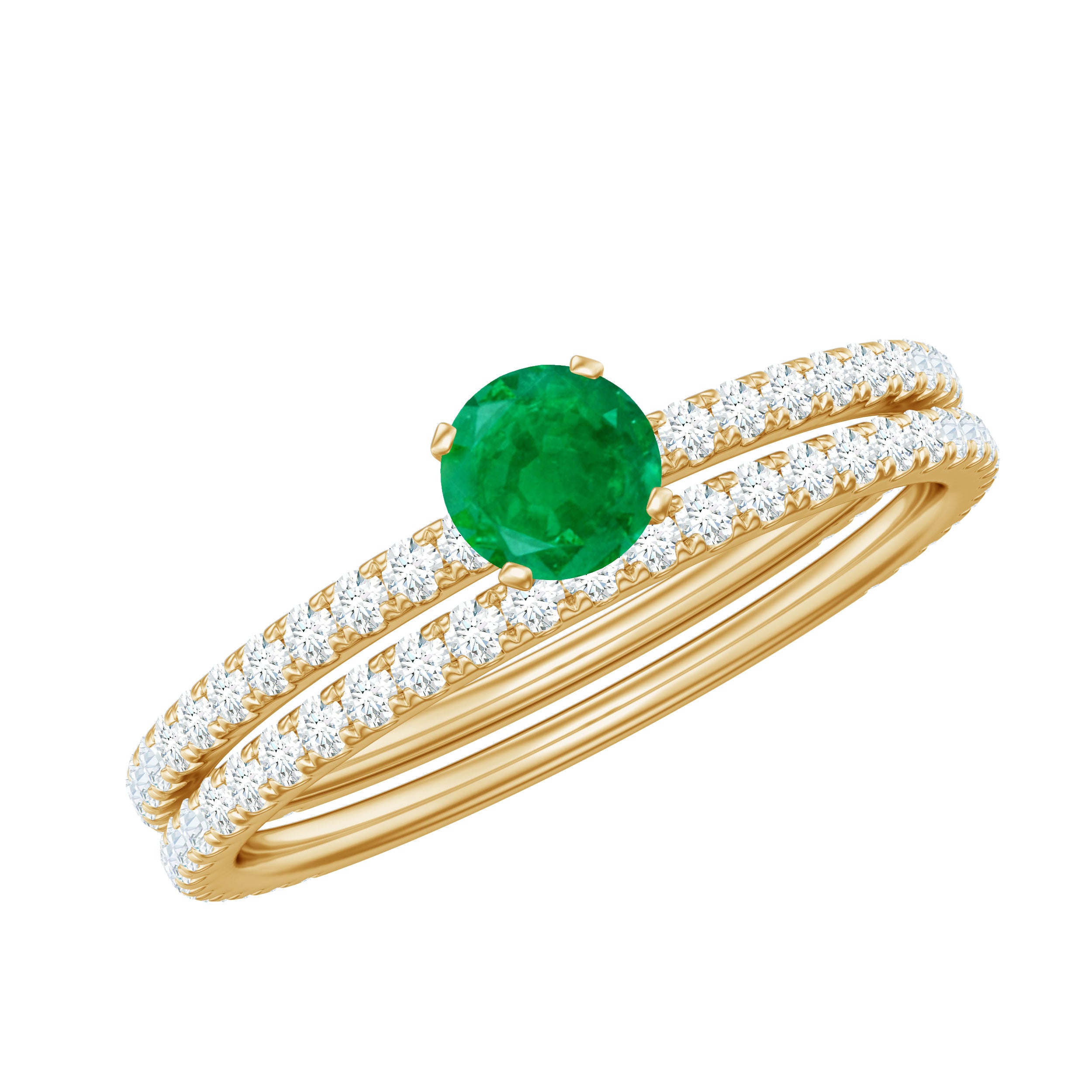 Rosec Jewels-Minimal Emerald Diamond Wedding Engagement Ring Set of 2