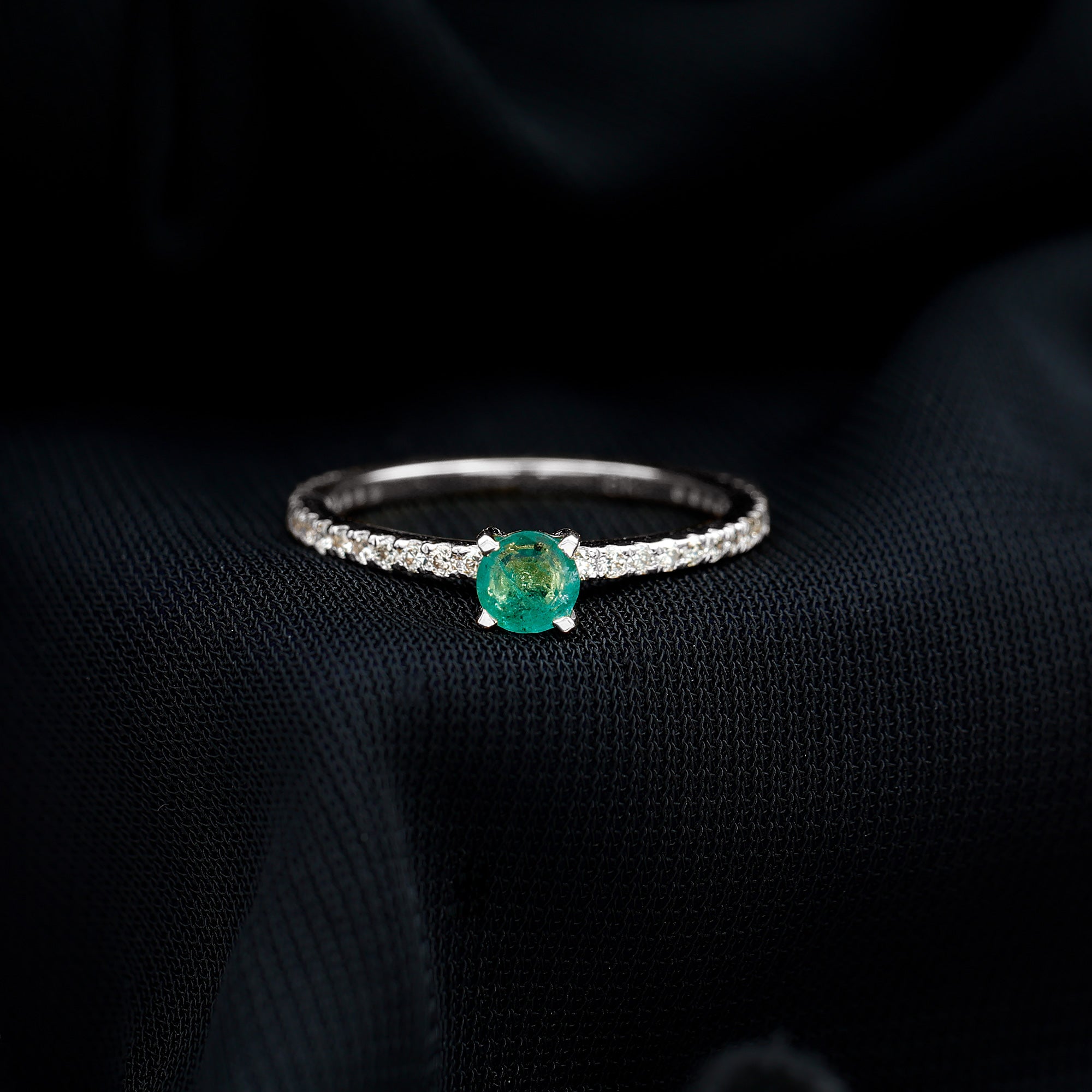 Rosec Jewels-4 MM Emerald Dainty Solitaire Ring with French Pave Set Diamond
