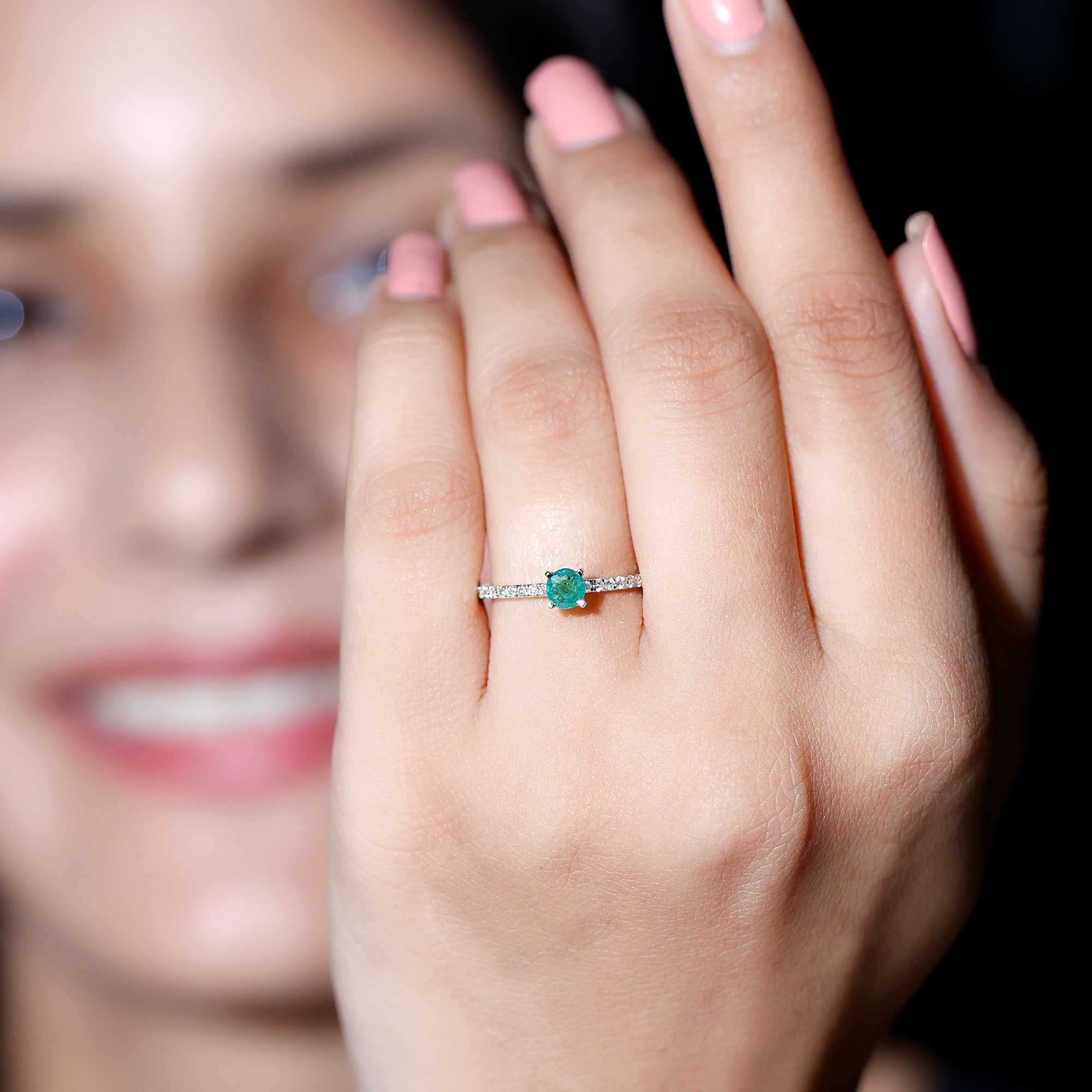 Rosec Jewels-4 MM Emerald Dainty Solitaire Ring with French Pave Set Diamond