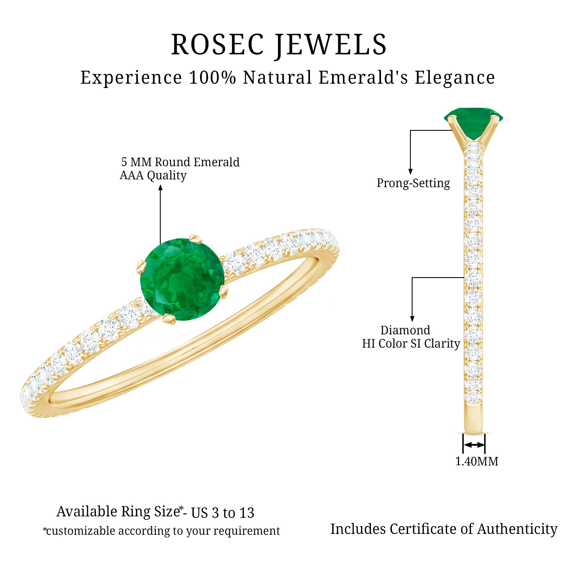 Rosec Jewels-4 MM Emerald Dainty Solitaire Ring with French Pave Set Diamond