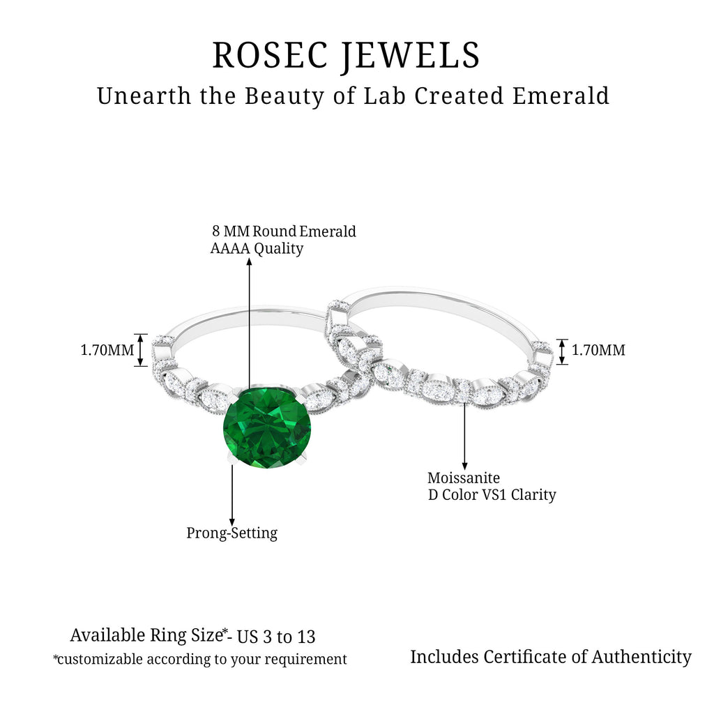 Antique Style Lab Grown Emerald Solitaire Ring Set with Moissanite Lab Created Emerald - ( AAAA ) - Quality - Rosec Jewels