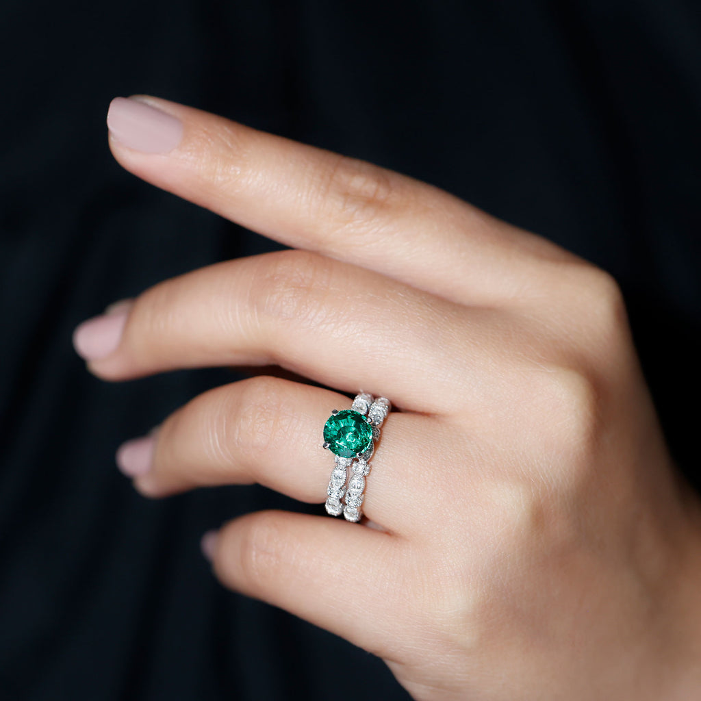 Rosec Jewels - Antique Style Lab Grown Emerald Solitaire Ring Set with Moissanite