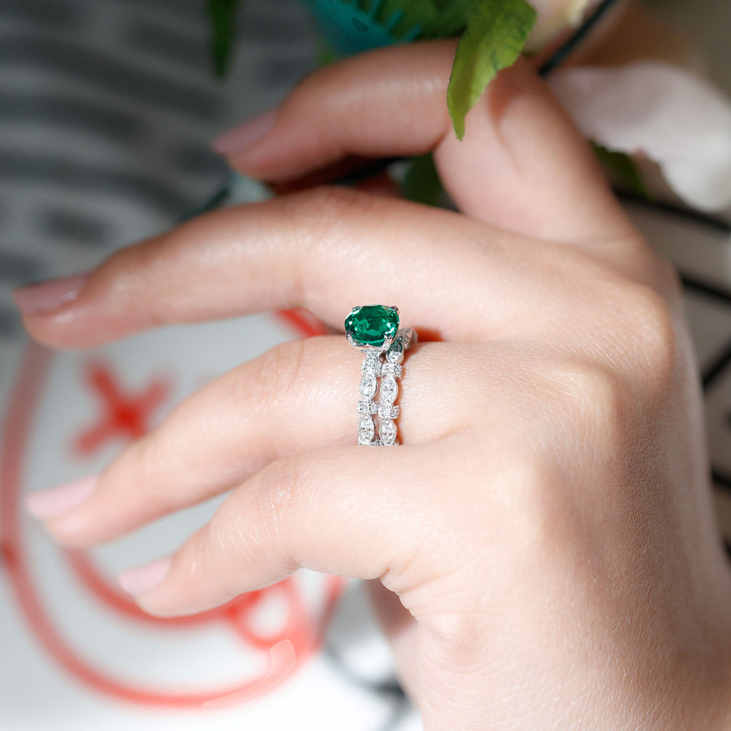 Rosec Jewels - Antique Style Lab Grown Emerald Solitaire Ring Set with Moissanite