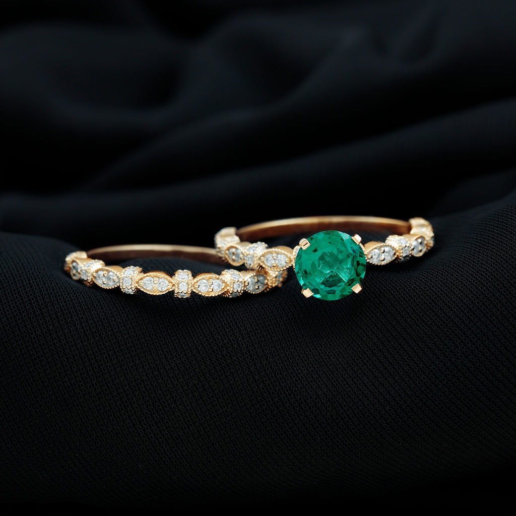 Antique Style Lab Grown Emerald Solitaire Ring Set with Moissanite Lab Created Emerald - ( AAAA ) - Quality - Rosec Jewels