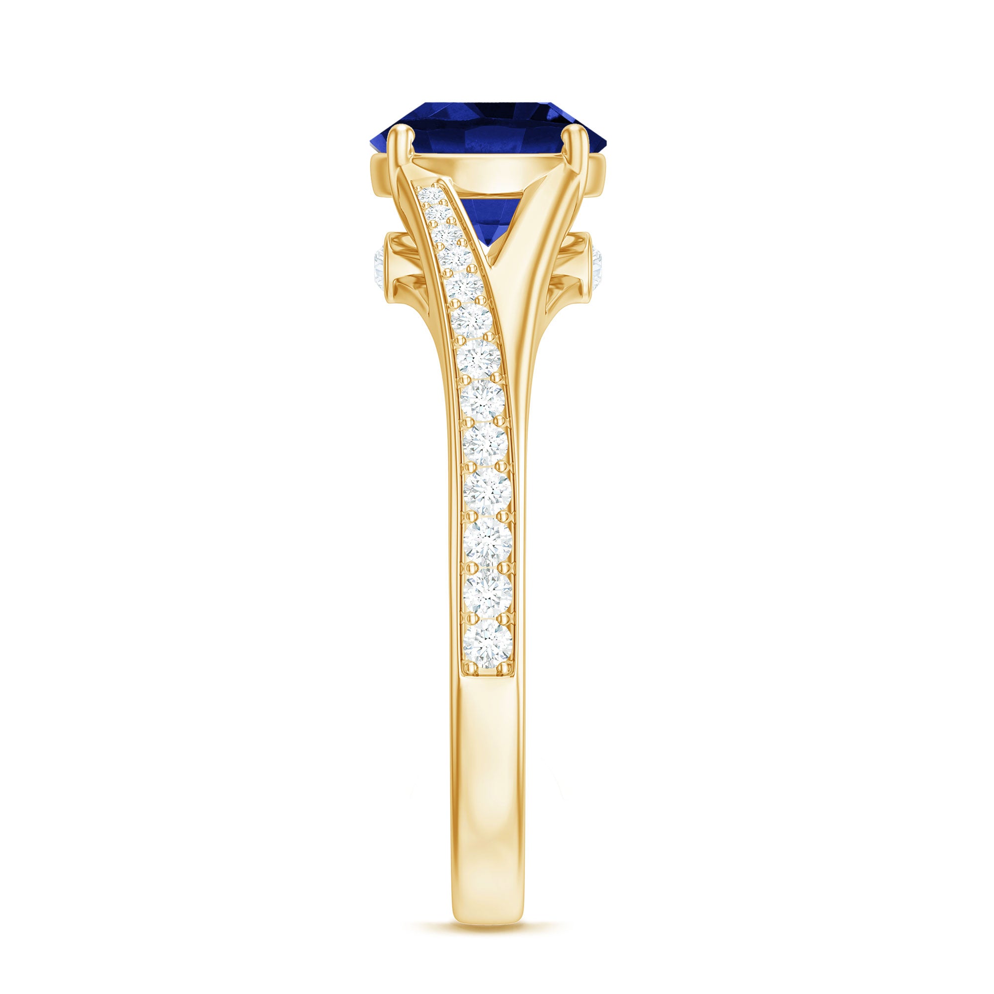 8mm Round Lab Grown Blue Sapphire Engagement Ring with Diamond Split Shank AAAA - Rosec Jewels