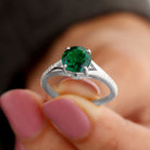 8 MM Created Emerald Solitaire Split Shank Ring with Diamond Lab Created Emerald - ( AAAA ) - Quality - Rosec Jewels
